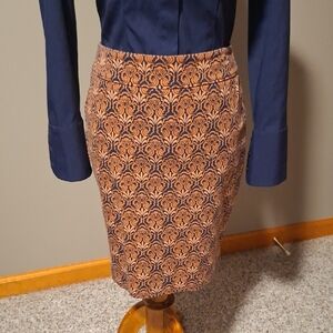 LOFT Navy and Tan Floral Damask Pencil Skirt